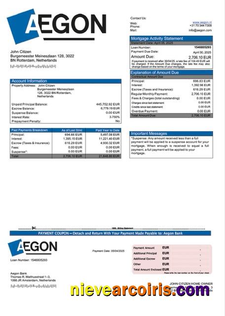 Netherlands Aegon Bank mortgage statement Word and PDF template